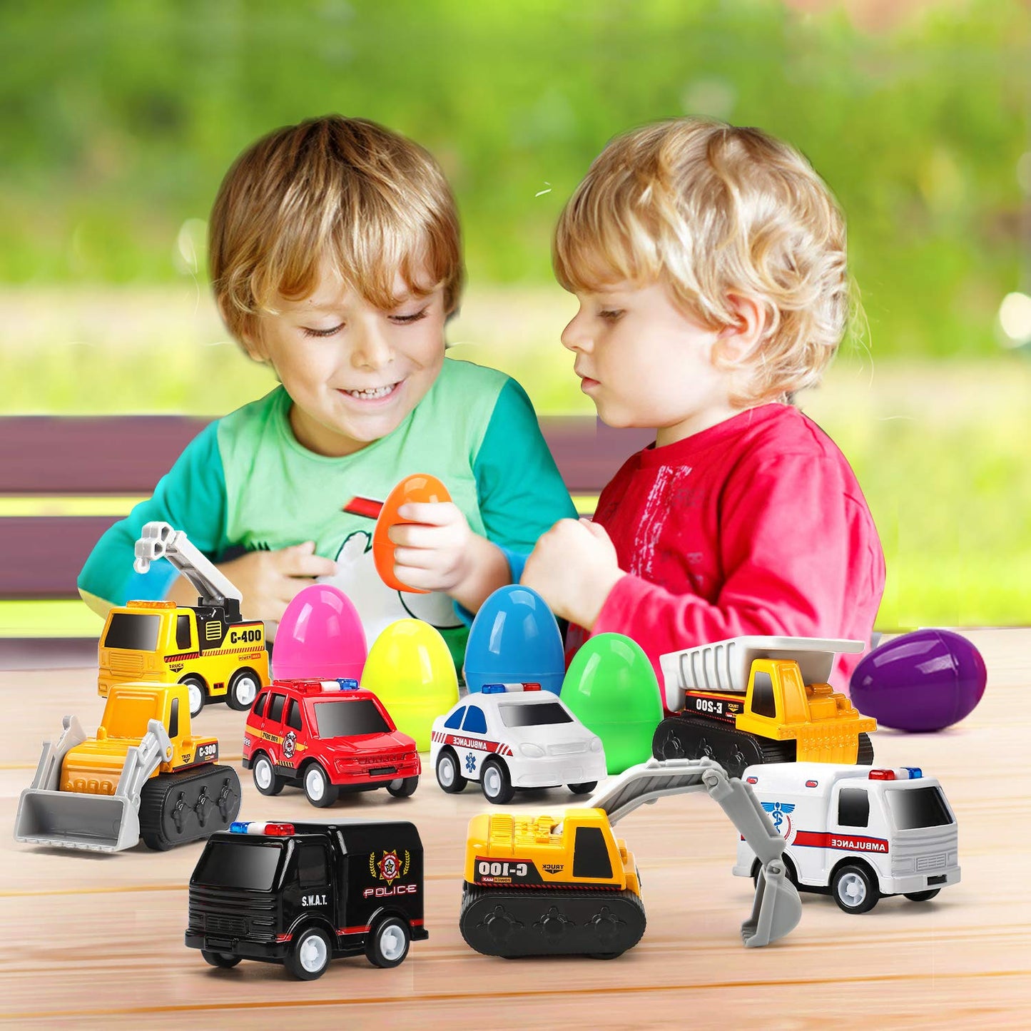 CUTE STONE 12 Pack Filled Easter Eggs with Alloy Pull Back Cars, Easter Basket Stuffers Easter Party Favors for Kids