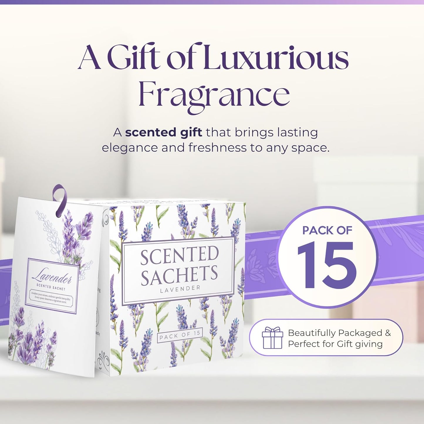 Skiennix Lavender Scented Sachets - 15 Pack Drawer & Closet Fresheners for a Refreshing Aroma