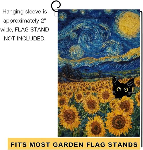 BLKWHT Cat Garden Flag - Summer Sunflower Design, Double-Sided, 12x18 Inches | Blue Sky Welcome Decor