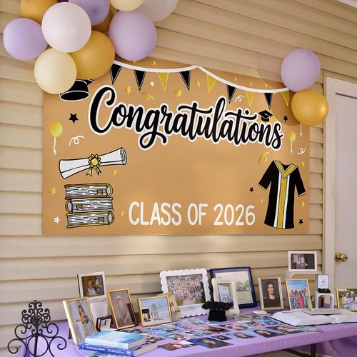 2026 Graduation Decorations | Black and Gold DIY Banner - 61 x 32 Inch Congrats Backdrop