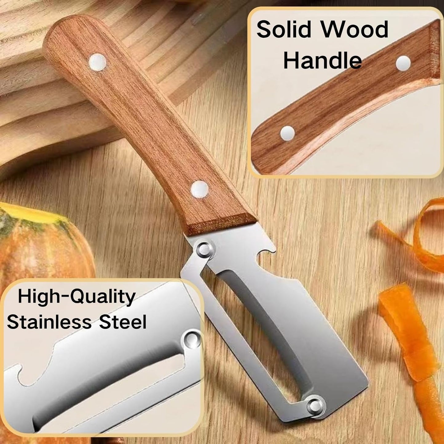 Skiennix Multi-Functional Kitchen Peeler - Premium Wooden Handle & Stainless Steel Blade | 2 Pack for Easy Vegetable & Fruit Peeling