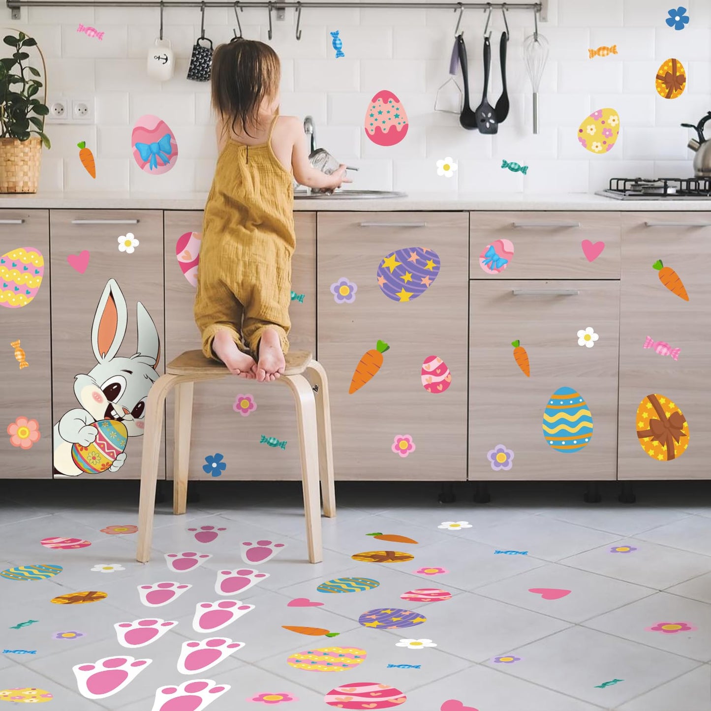 GULWAT 299 PCS Easter Bunny Footprints Stickers for Floor, Cute Rabbit Footprints for Easter Hunting Games Bunny Paw Prints Floor Decals Clings Flower Carrot Holiday Party Home Wall Window Decorations