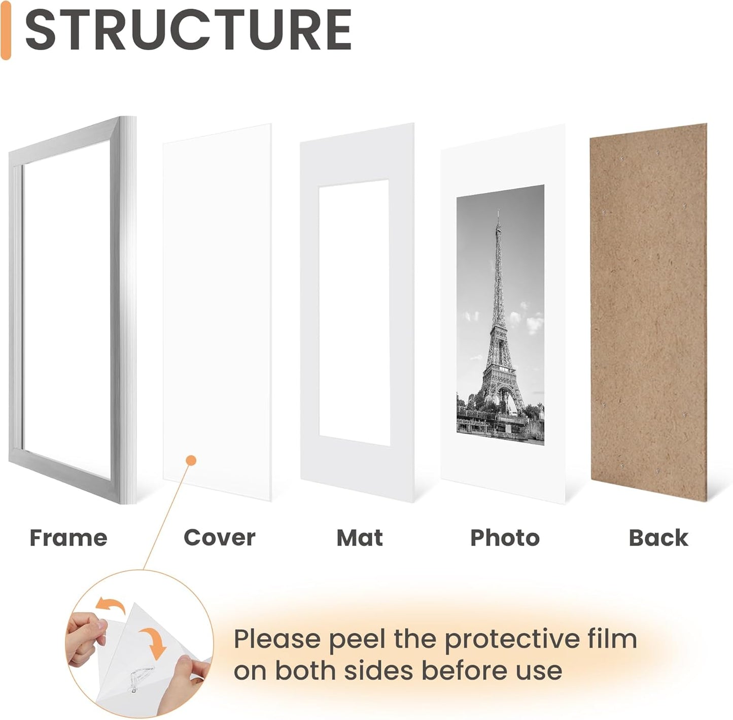 Upsimples 11x14 Picture Frame Set of 5 - Display 8x10 Photos with Mat or 11x14 Without Mat | Silver Wall Gallery Frames