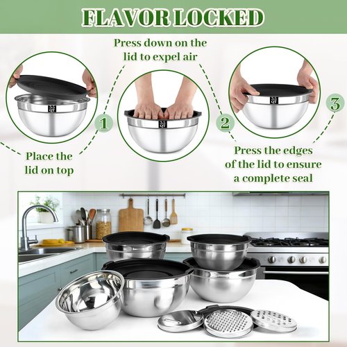 Boskermeal Mixing Bowls with Lids Set - 5 Nesting Mixing Bowls, 3 Grater Attachments, Lids, Stainless Steel Mixing Bowls for Mixing & Serving, Size 1.5/2.1/3.5/4/4.5 QT, Black
