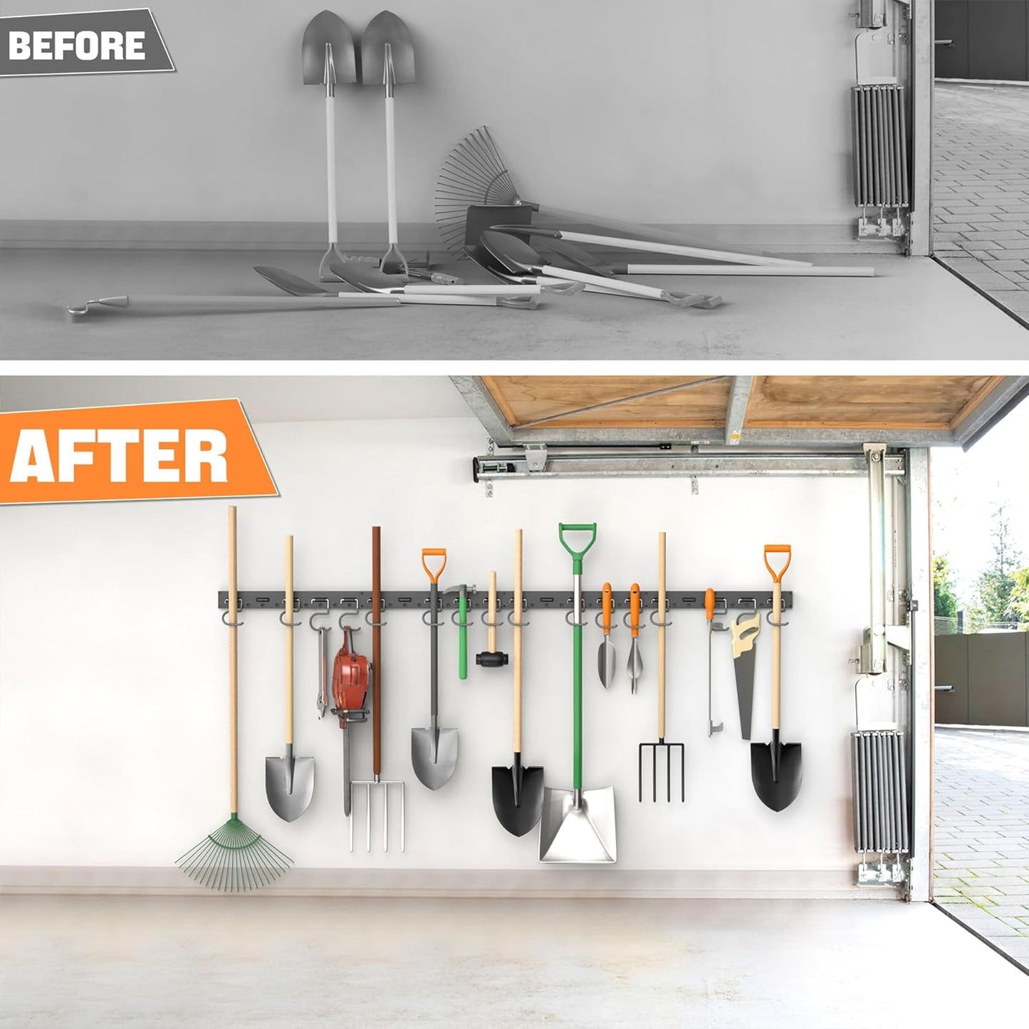 TORACK Wall-Mounted Mop and Broom Holder - Garden Tool Organizer with 4 Tracks & 16 Hooks