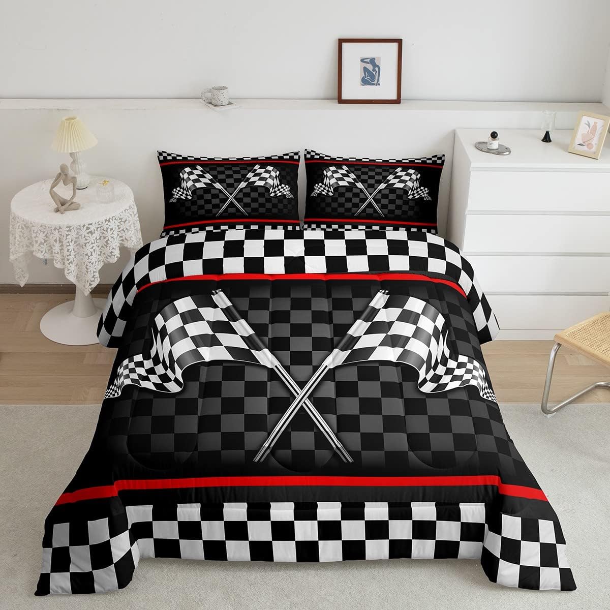 Basketball Kids Comforter Set Full Size,Geometric Basketball Court Abstract Bedding Set,Boys Girls Adults Room Decor,Ball Sports Games Down Comforter,Red Black Fashion Duvet Insert,2 Pillowcases