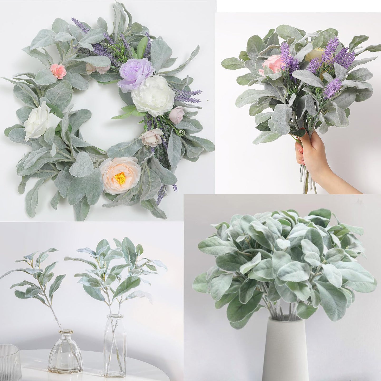 SHACOS Artificial Flocked Lambs Ear Stem 12 Pieces Lamb's Ear Branch Foliage Pick Greenery Leaf Flower Spray for Home Wedding DIY Floral Arrangement