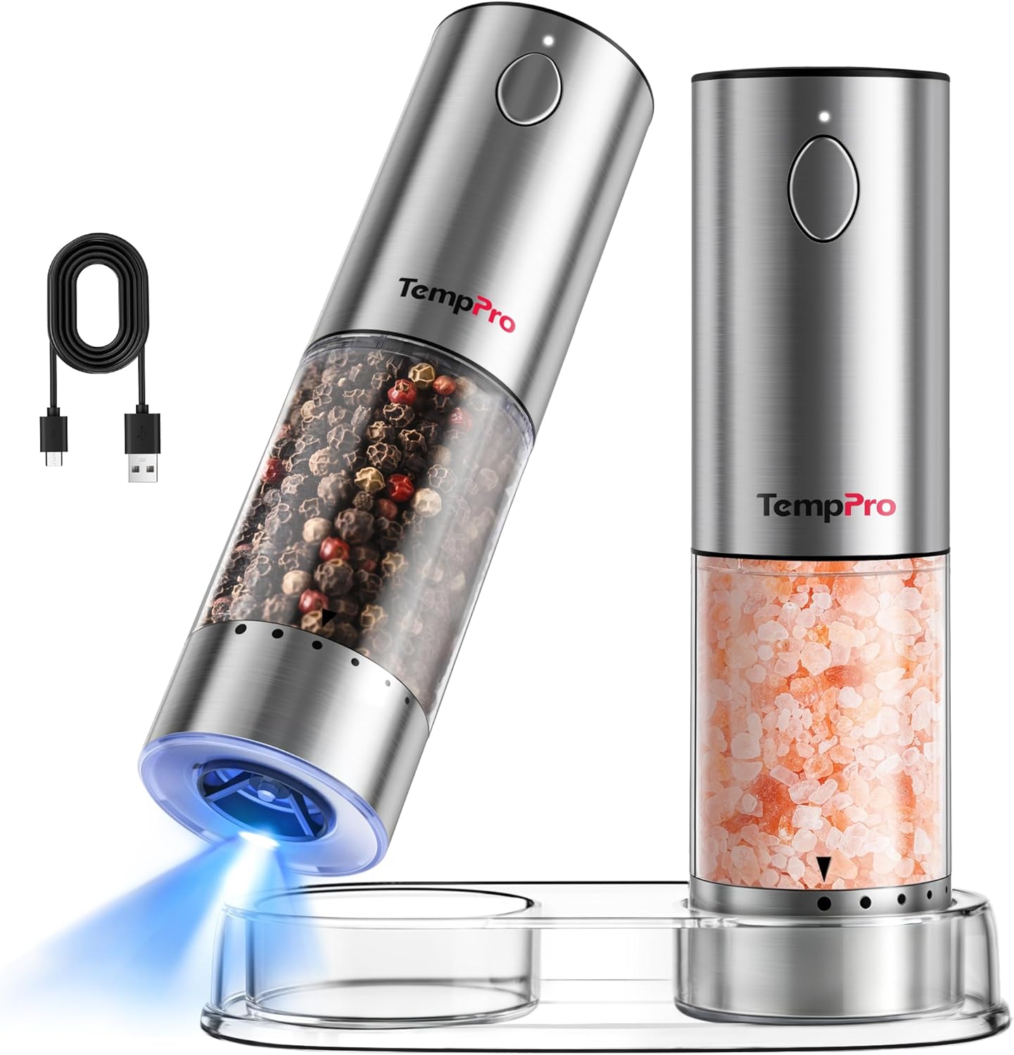 TempPro Electric Salt and Pepper Grinder Set - Rechargeable Automatic Mill with LED | 100ml, 2-Pack
