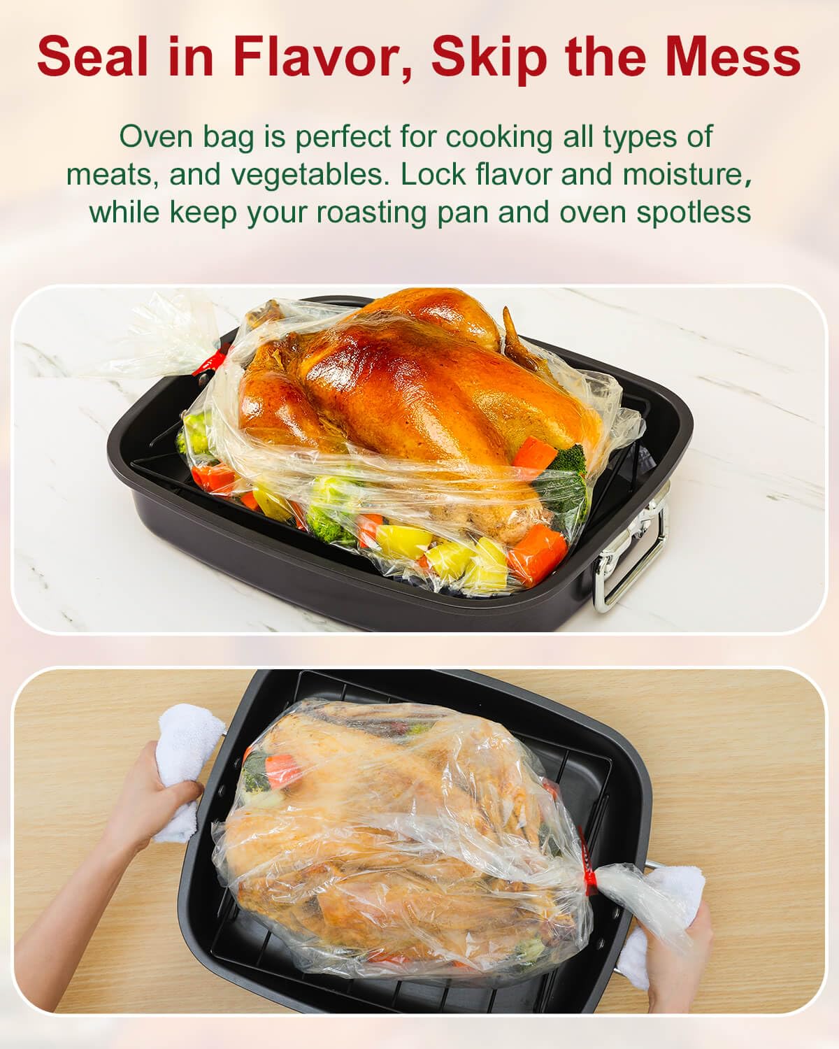 UTILIMATES Turkey Bags for Oven Hold 15 20 25 lb Turkey, 10 19"x24" BPA Free Nylon Oven Bags with 10 ties, For Versatile Roasting Cooking Baking Storage Use