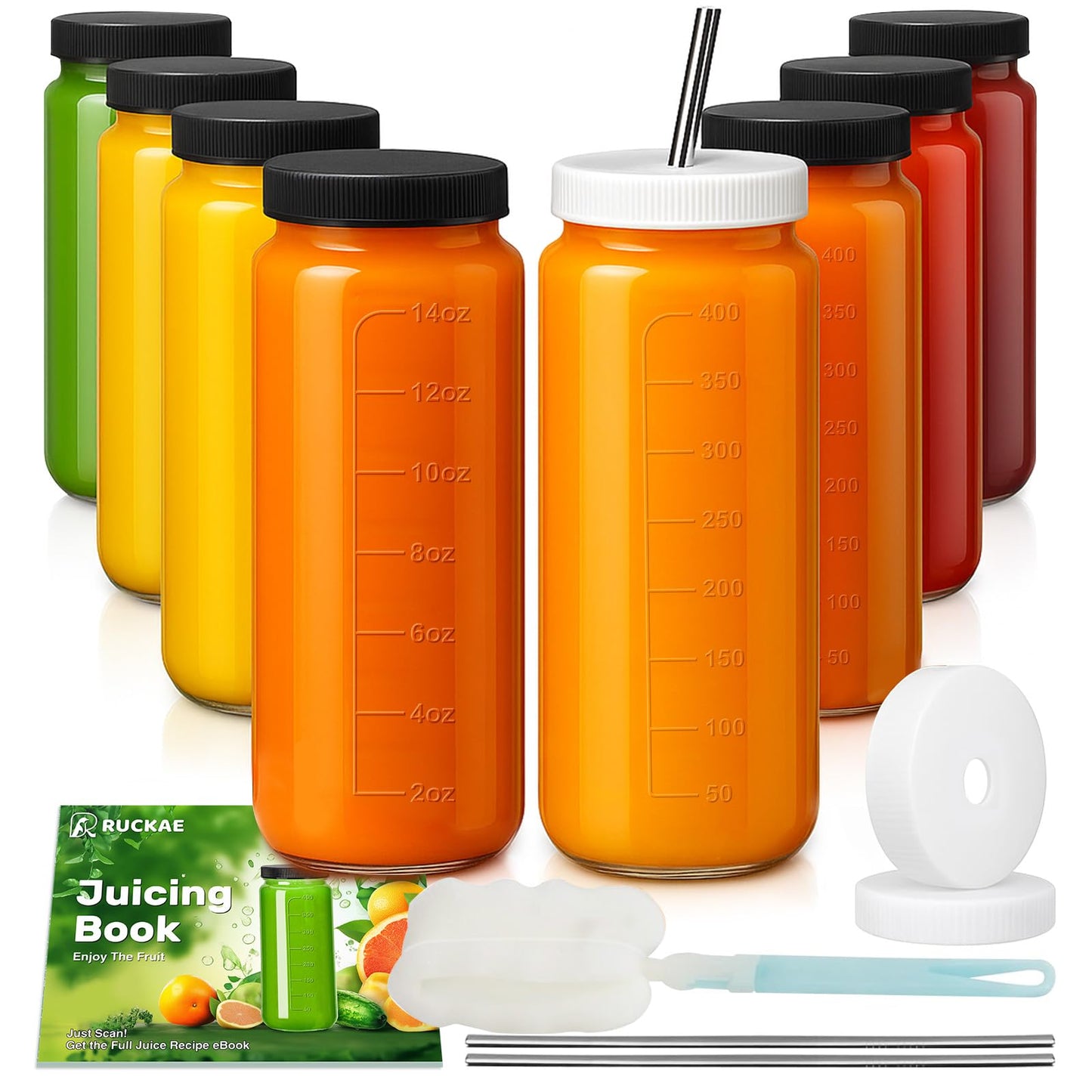 Ruckae 20oz Glass Bottles with Lids,Glass Cups with Lids and Straws,Water Bottle Drinking Glasses for Coffee,Smoothies,Tea,Juice (6, Transparent)