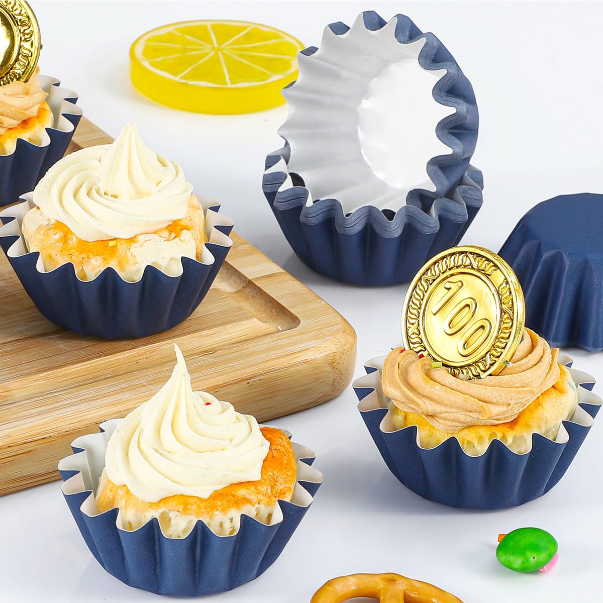 Caperci Grease-Resistant Navy Blue Mini Cupcake Liners 200 Counts - Heavy Duty Paper Muffin Baking Cups, Odorless, No Muffin Pan Needed, Easily Peels (Navy Blue)