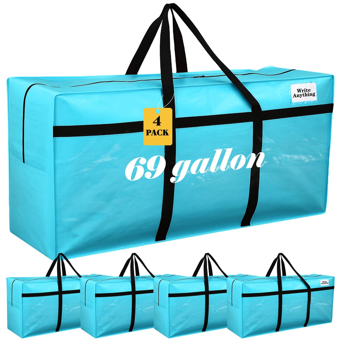 Windyun 4 Pack 69 Gallon Extra Large Moving Bags XXL Heavy Duty Storage Bag with Strong Zipper Handle Jumbo Big Tote Box Foldable for College Dorm Travel Clothes Duffle Blanket Pillow(Lake Blue)