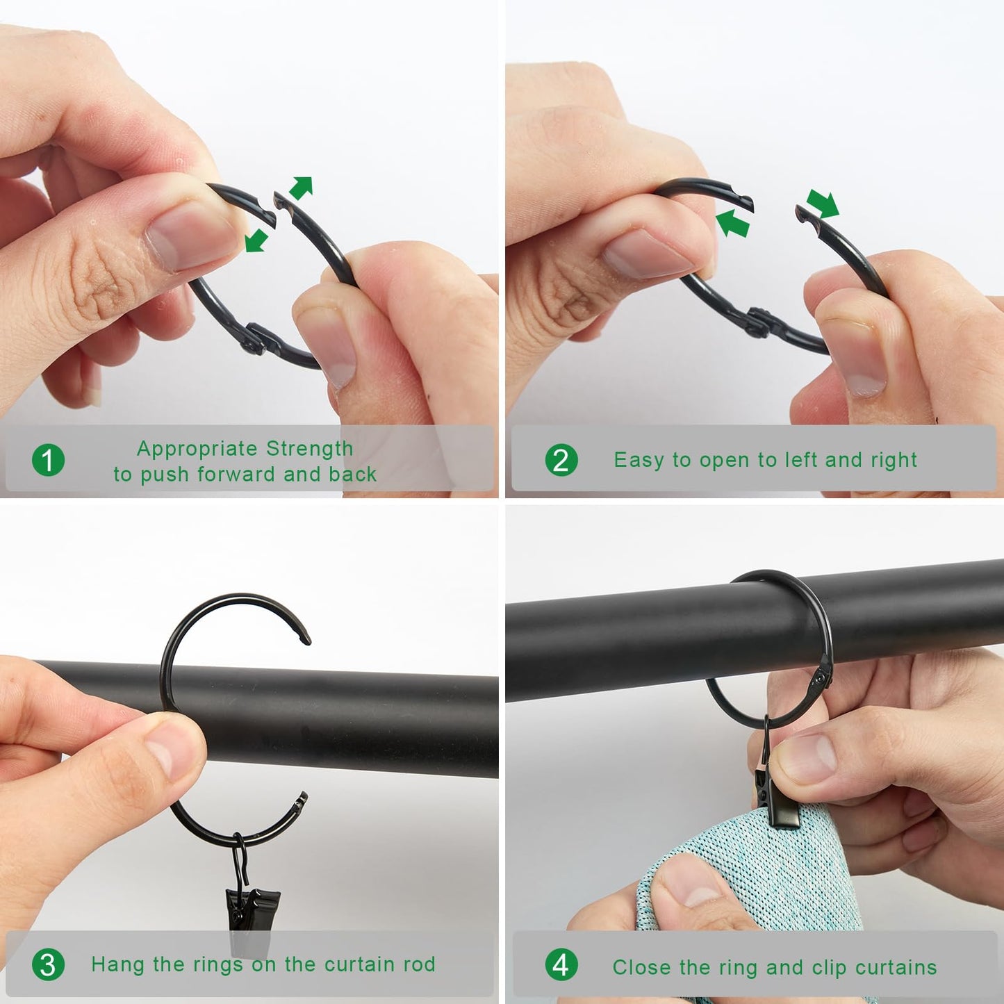 LLPJS Openable Curtain Rings with Clips, Open Drapery Rings with Hooks, Curtain Clips 1.26 inch Interior Diameter, Fit up to 1" Curtain Rod (Black, 1.26" I D Set of 36)