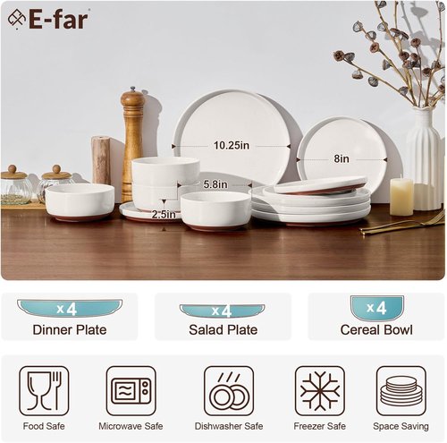 E-far 12-Piece Stoneware Dinnerware Set - Chip & Scratch Resistant, Microwave & Dishwasher Safe, Speckled White