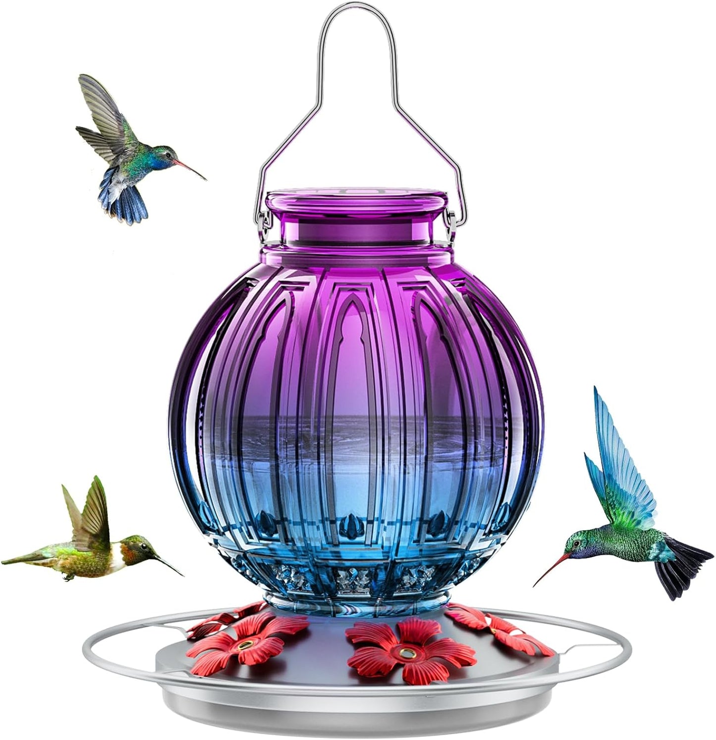 Skiennix Glass Hummingbird Feeder - 26Oz Outdoor Nectar Feeder with Perch & 5 Feeding Ports | Purple Blue