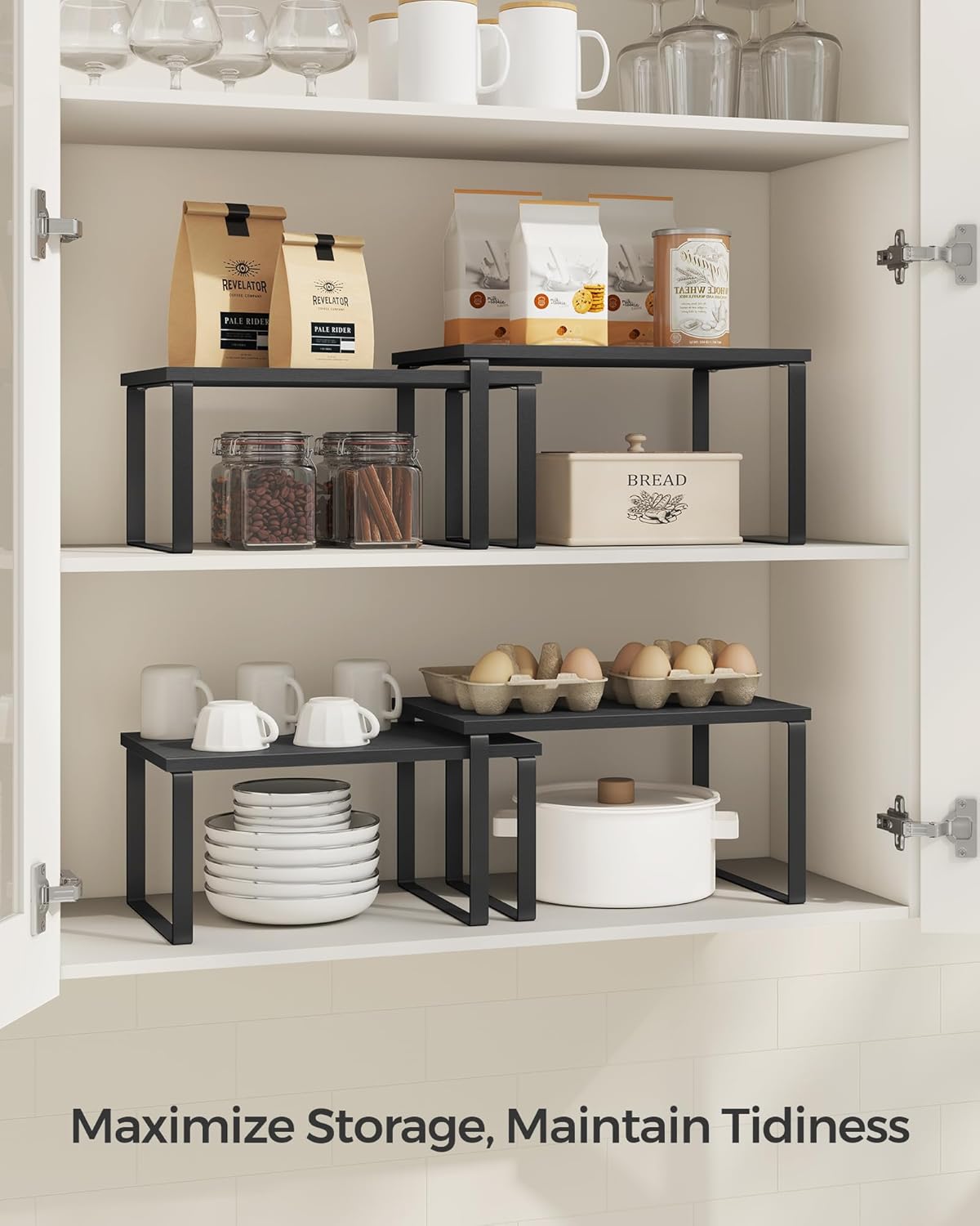 SONGMICS Kitchen Organizer Shelf Set - Stackable & Expandable Spice Rack | Metal & Engineered Wood, Ink Black & Ebony Black
