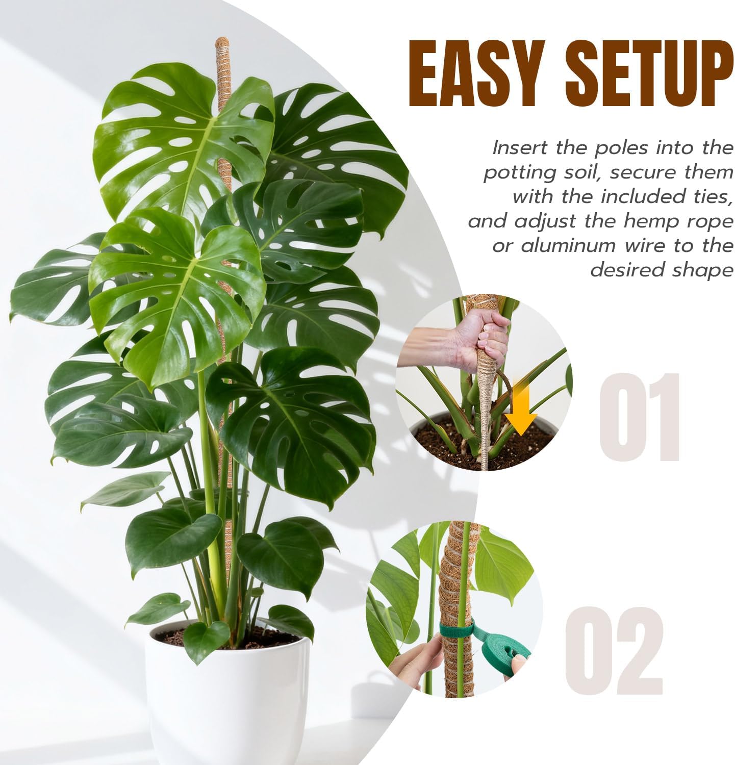 Mcbazel 63-Inch Bendable Moss Pole - Extra Tall 5.2ft Coco Coir Plant Support for Monstera & Climbing Vines | Flexible Kit with Rope & Ties