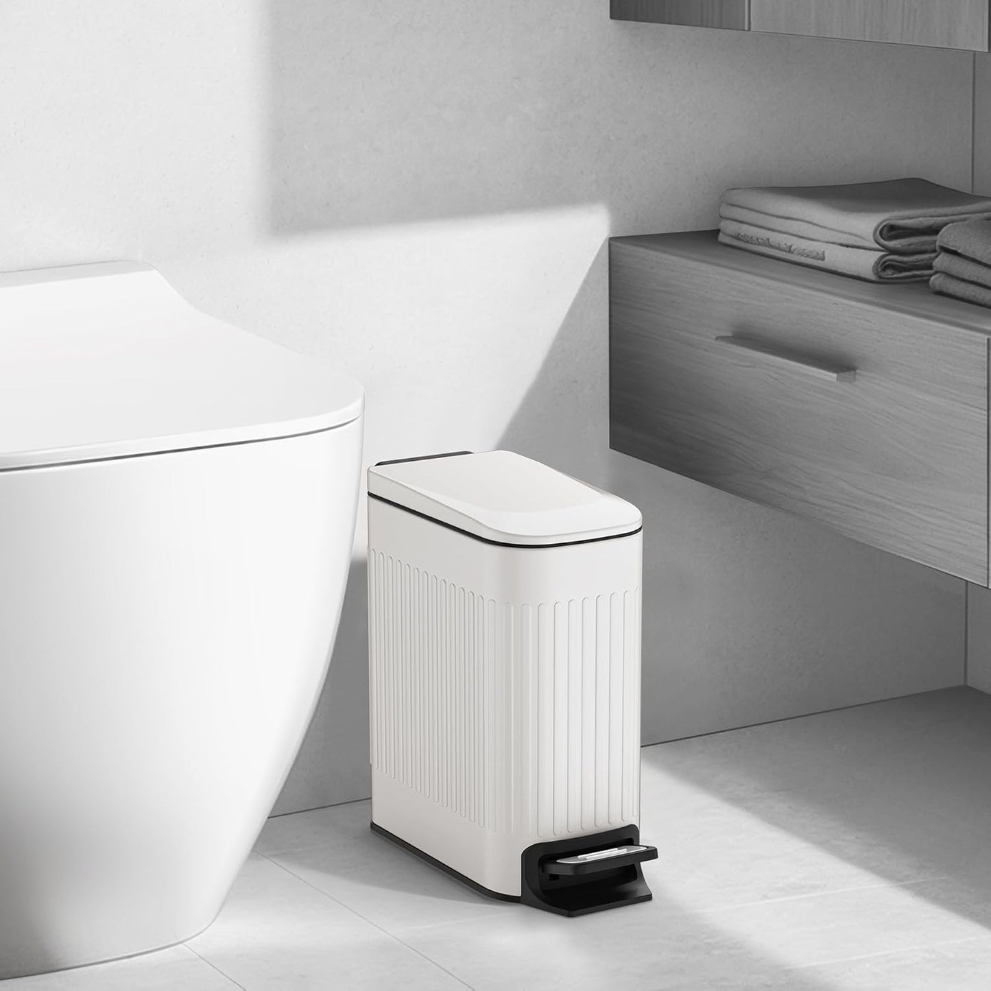 TIPGO Slim Bathroom Trash Can - Soft Close Lid & Step Pedal | 6L Stainless Steel Bin for Bedroom, Office, Kitchen (White)