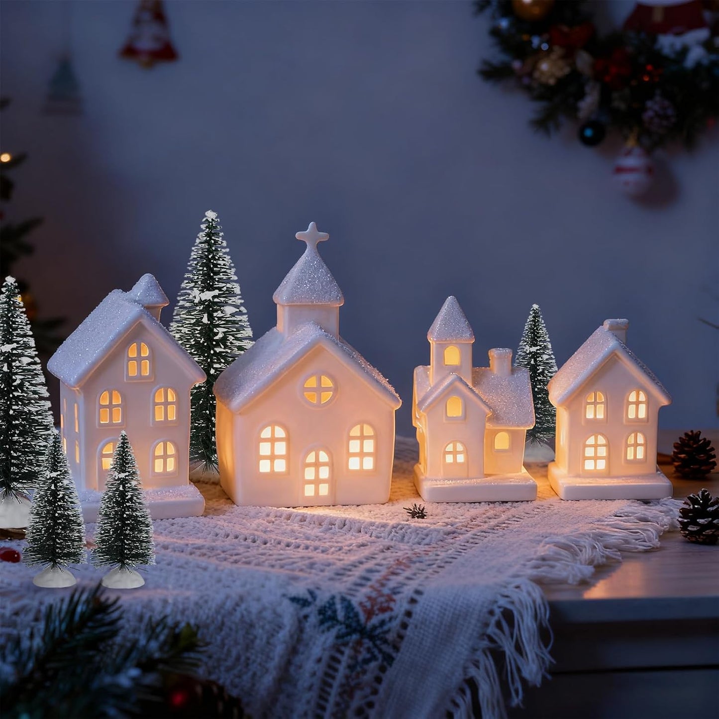 Regine Switzerland Light Up Christmas Village Set - 4 Ceramic Houses & 5 Xmas Trees | Winter White Decor