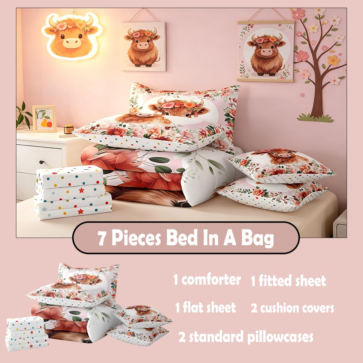 Feelyou Cute Highland Cow Bedding Set Twin Size 7 Pieces Cartoon Animal Comforter Set Flower Floral Print Farm Zoo Garden Theme Bed in a Bag with Comforter, Sheets, Pillowcases & Cushion Cover
