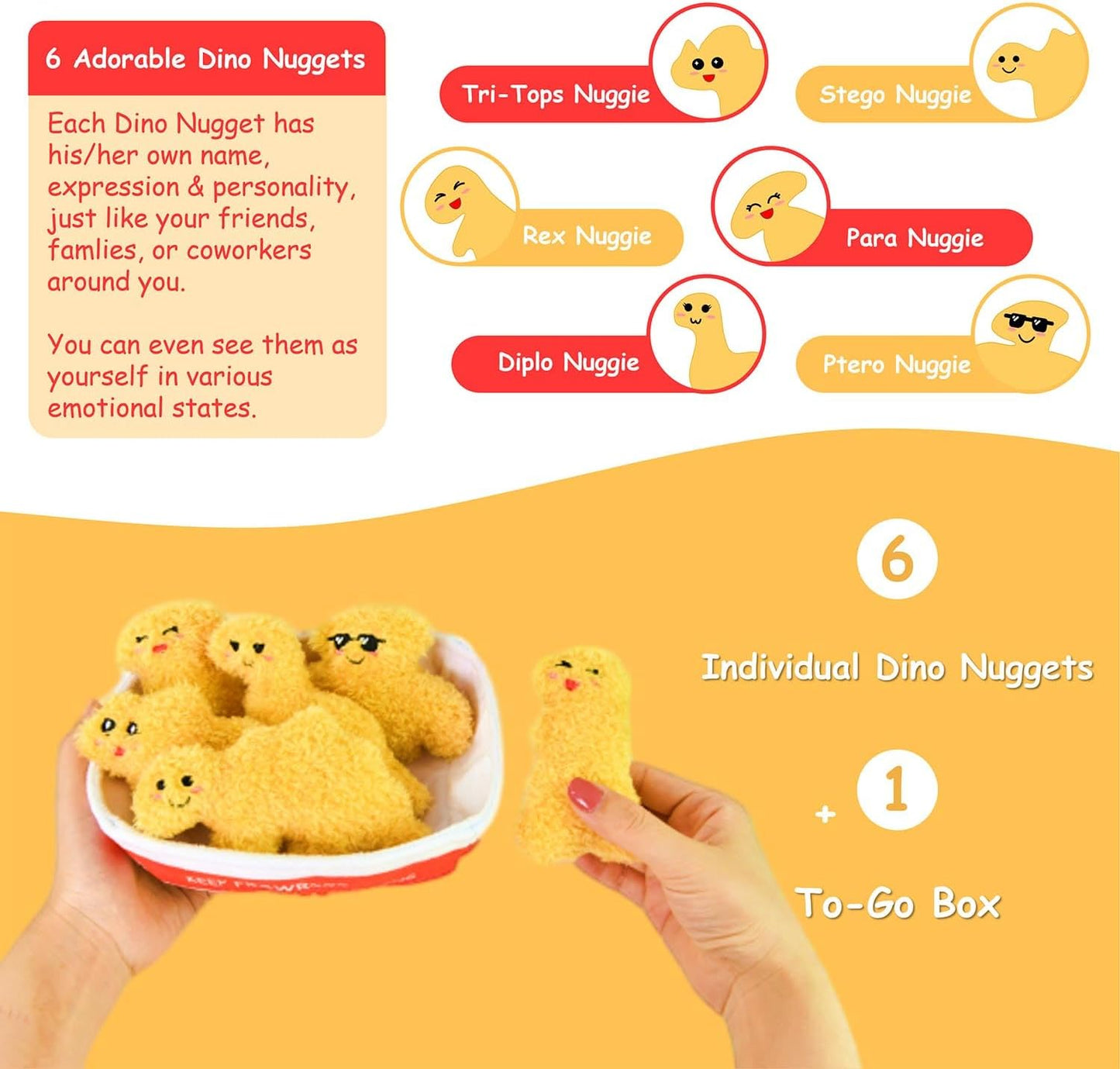 Positive Emotional Support Dino Nuggets Plush Toy - 6 Cute Stuffed Nuggets in Soft To-Go Box | Inspirational Gift for Teens & Friends