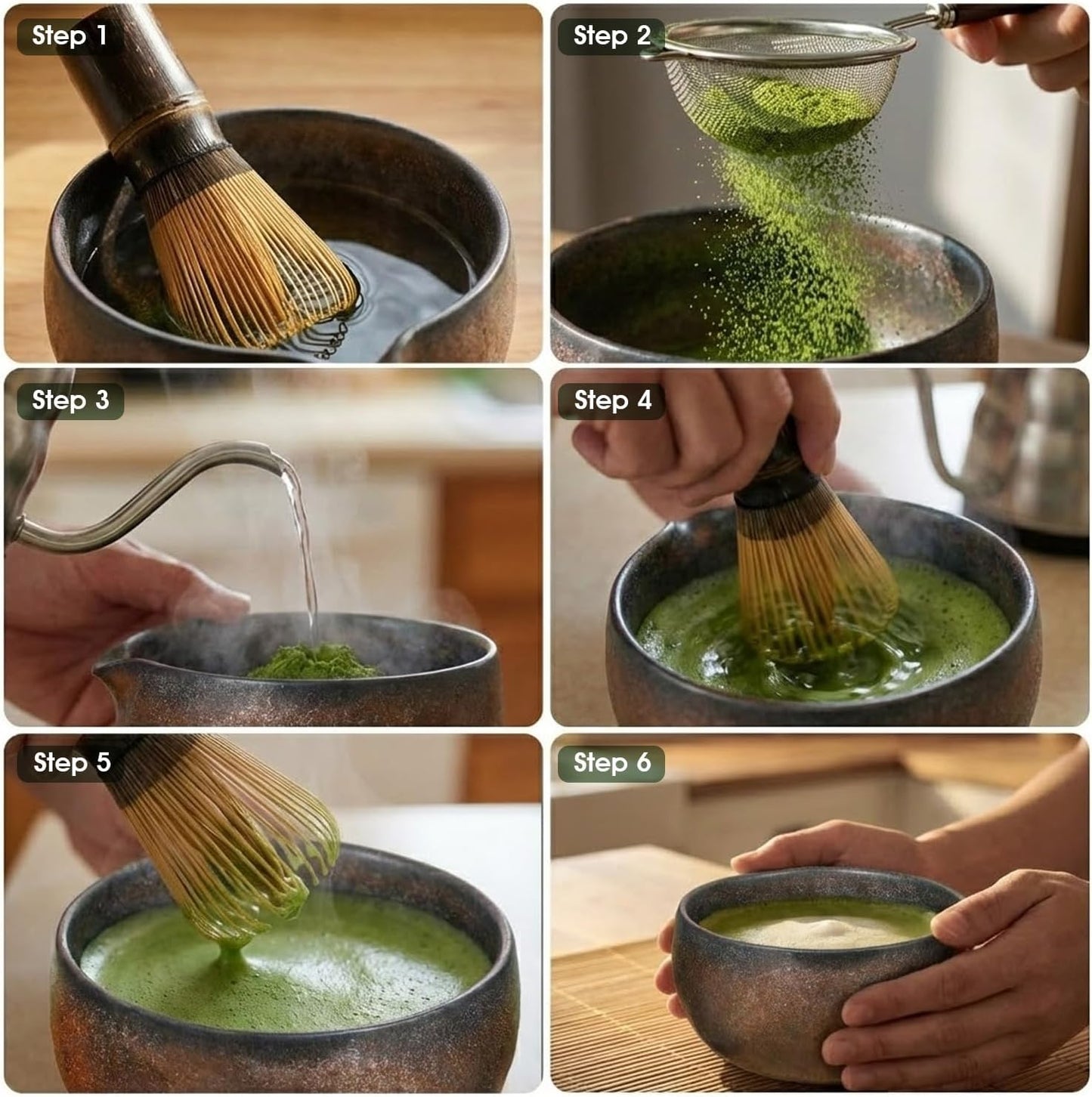 Skiennix Matcha Whisk Set - 7-Piece Complete Kit with Handmade Bowl, 100-Prong Bamboo Whisk & Accessories