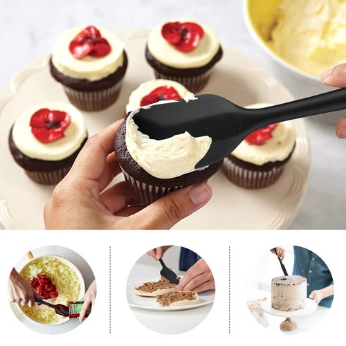 HOTEC 600℉ Heat Resistant BPA-Free Silicone Rubber Spatula Set,Kitchen Cooking Spatulas, Baking, Mixing for Non Stick Cookware, Dishwasher Safe, Black Set of 5