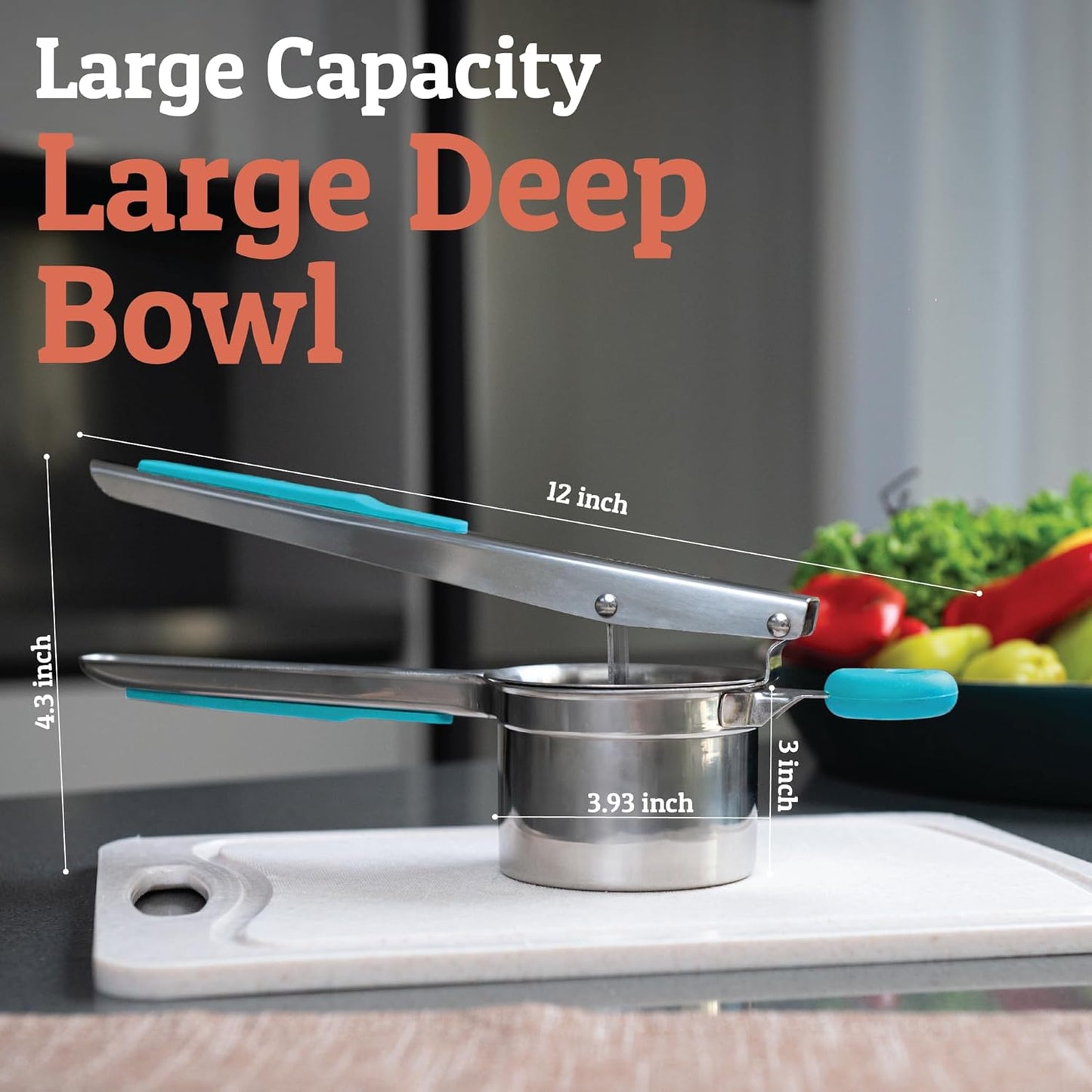 PriorityChef 15oz Potato Ricer - Heavy Duty Stainless Steel Masher for Perfect Mashed Potatoes | Silver & Turquoise