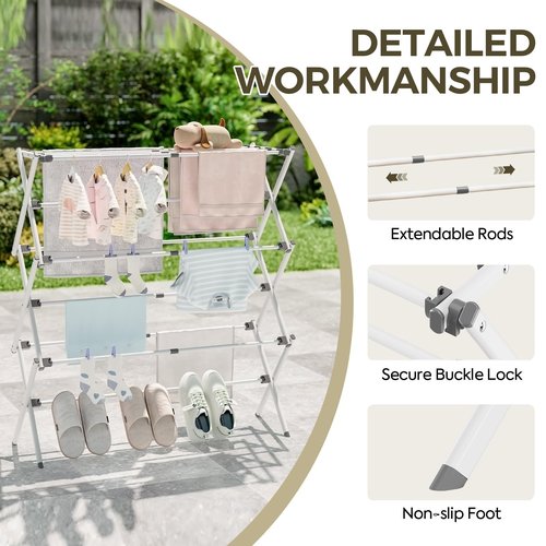 APEXCHASER Clothes Drying Rack, Foldable & Extendable Laundry Rack with Adjustable Size (14.57in-35.43inW), Space-Saving, Rust-Resistant Frame & Floor Protection for Indoor/Outdoor Use, White