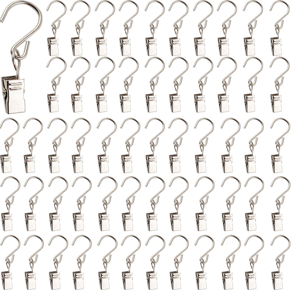 RONYOUNG 50PCS Stainless Steel S Hooks Curtain Clips, Hanging Party Lights Clips, Hangers Gutter Photo Camping Tents, Art Craft Display, Garden Courtyards Decoration, 2.4 Inch Long Silver