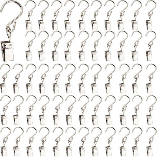 RONYOUNG 50PCS Stainless Steel S Hooks Curtain Clips, Hanging Party Lights Clips, Hangers Gutter Photo Camping Tents, Art Craft Display, Garden Courtyards Decoration, 2.4 Inch Long Silver