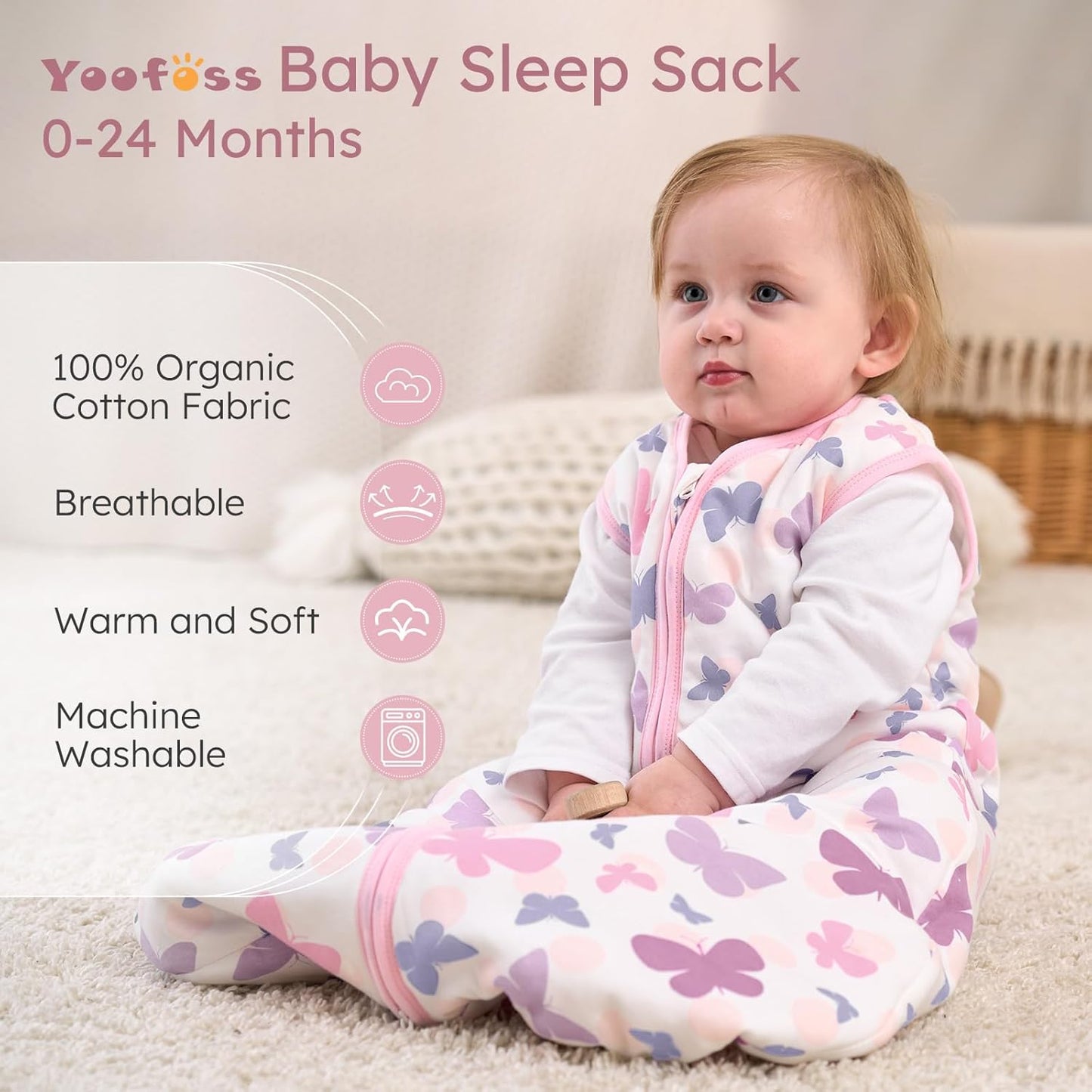 Yoofoss Baby Sleep Sack | 1.5 Tog Wearable Blanket for 6-12 Months | Soft Organic Cotton, 2-Way Zipper