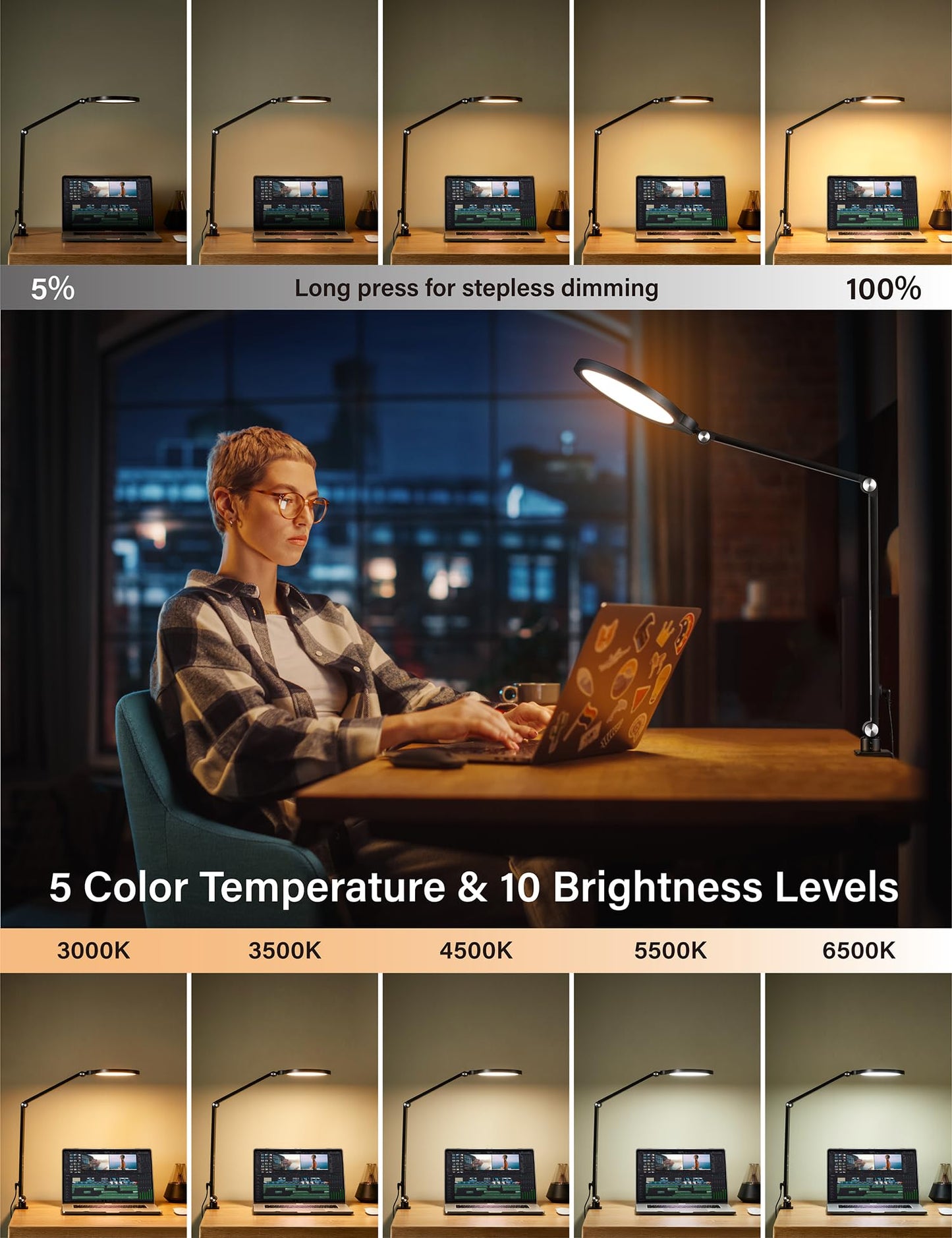 BOHON Desk Lamps for Home Office, 15W 5 Color Modes 10 Brightness Ring Light for Desk, Flexible Swing Arm LED Desk Light with Clamp for Video Conference Lighting Reading Zoom Streaming Table