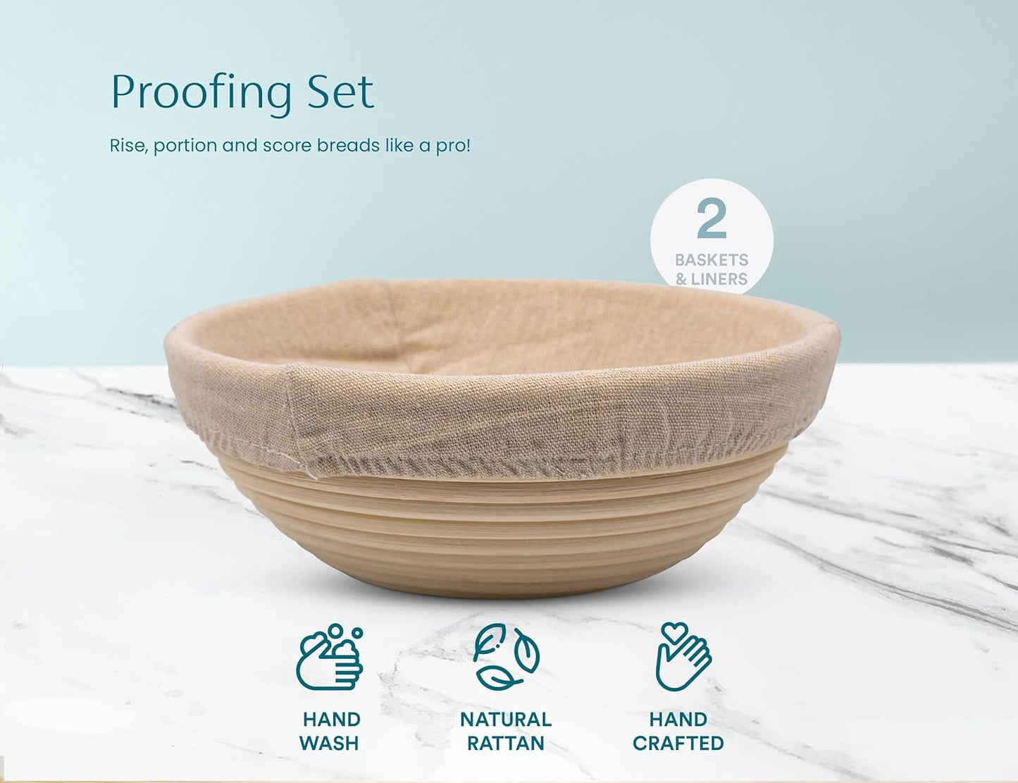 Kook Banneton Bread Proofing Basket Set - 12 Piece Artisan Sourdough Kit with Liners & Scrapers | 9 Inch Round Natural Rattan