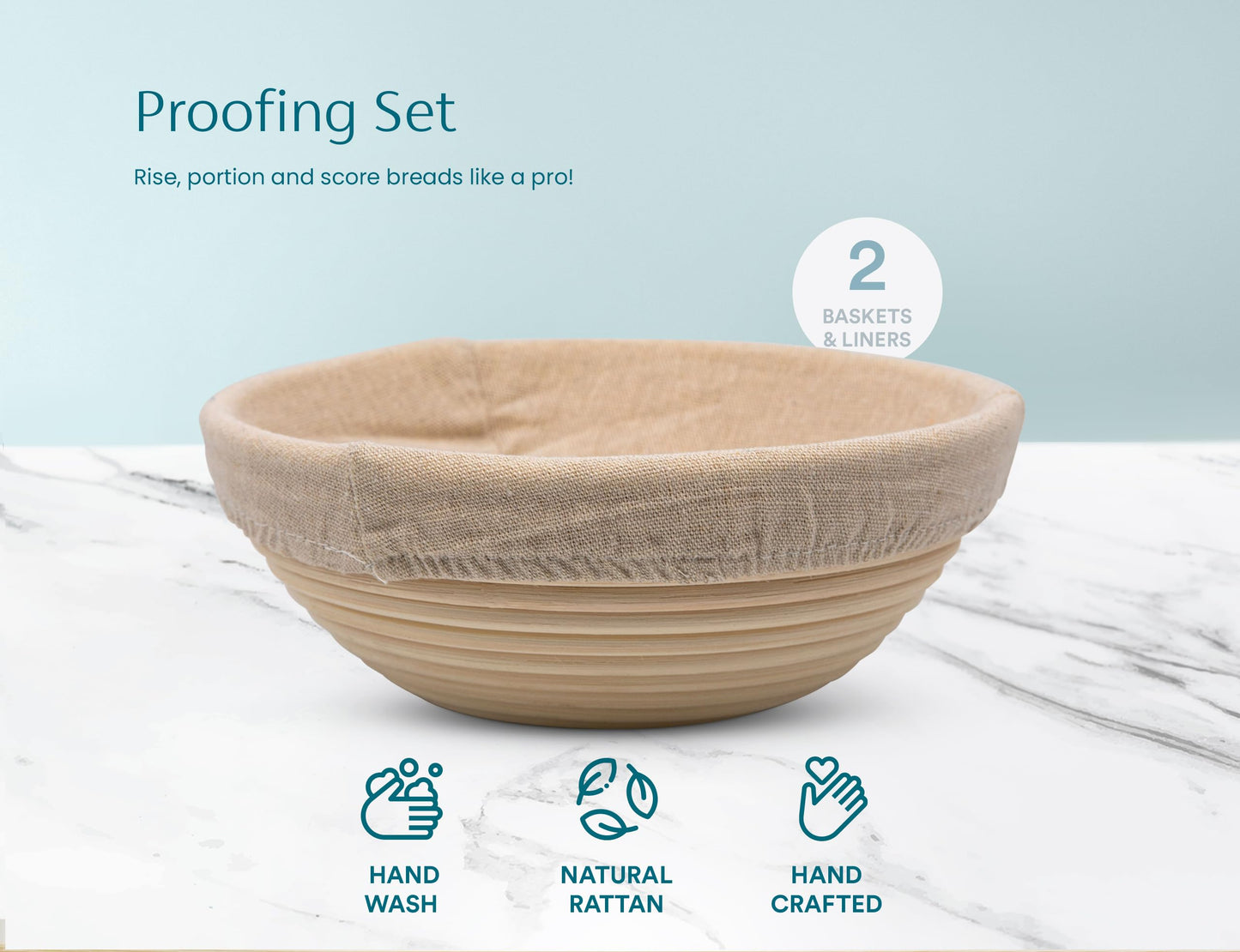 Kook Banneton Bread Proofing Basket 9 Inch - Complete 12 Piece Sourdough Basket Kit with Liners and Scrapers - Natural Rattan for Artisan Bread Making - Set of 2 Round