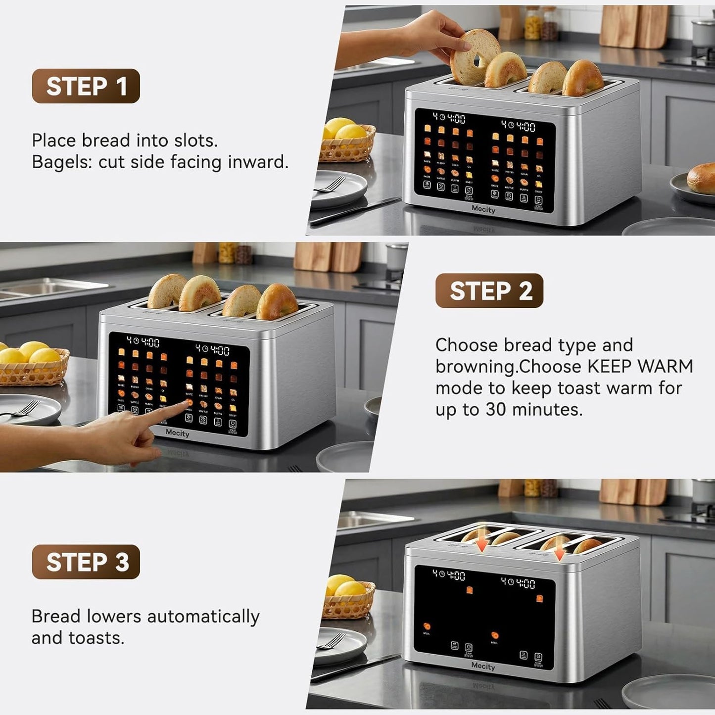 Mecity 4-Slice Toaster - Smart Touch Screen, Dual Control, Auto Shut Off | Perfect for Bagels & Gluten-Free Breads