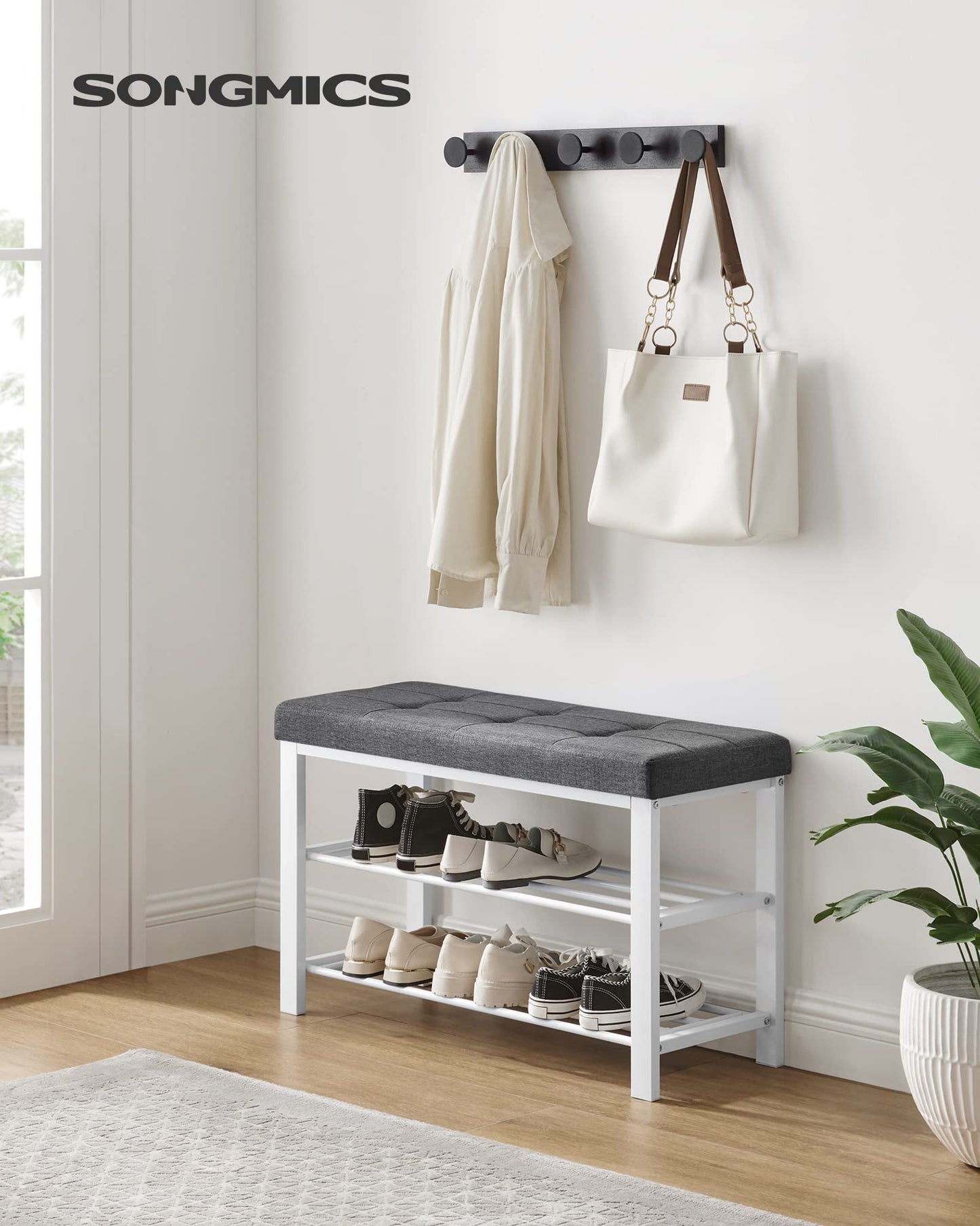 SONGMICS Shoe Bench, Storage Bench, Entryway Bench with Cushion, Shoe Shelf with Seat, Space-Saving, Modern Style, for Living Room, Bedroom, Hallway, Dark Gray and Cloud White ULBS057W01