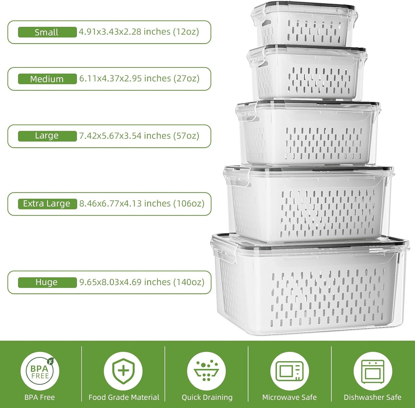 KEMETHY Fruit Storage Containers - 5 Pack BPA-Free with Removable Colanders | Keep Produce Fresh Longer