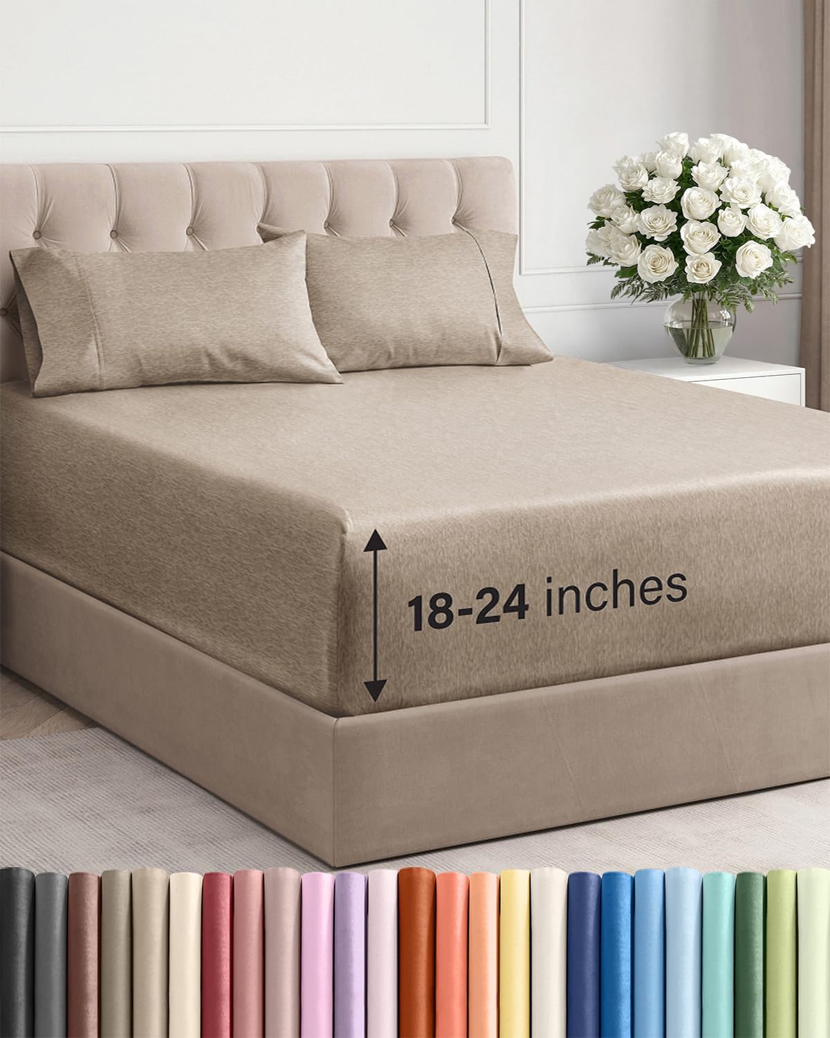 Skiennix Extra Deep Twin Sheet Set | 4-Piece Breathable Cooling Bedding - Soft, Wrinkle-Free - Heathered Beige