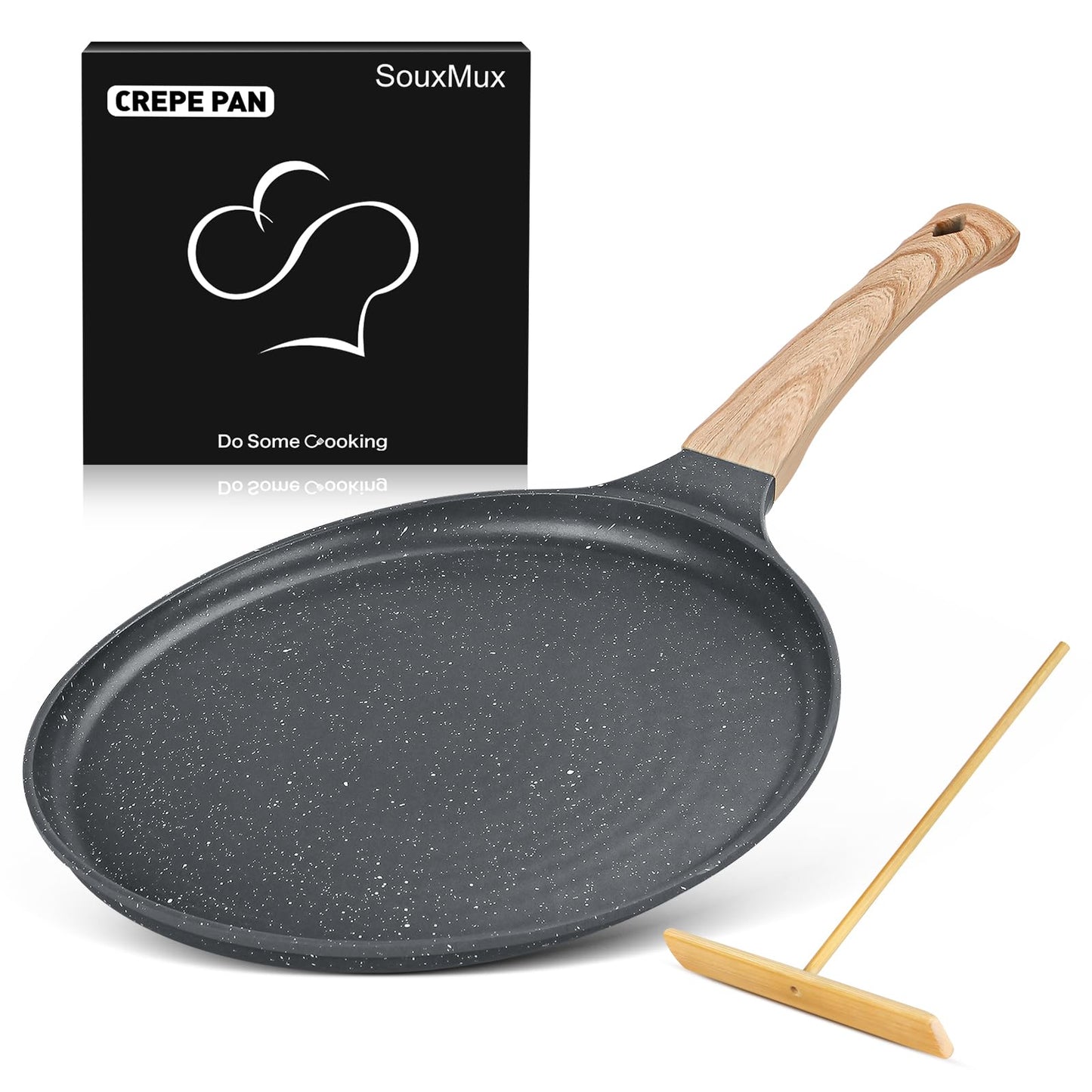 SouxMux Nonstick 11-Inch Crepe Pan with Spreader, Ceramic Coated Dosa Tawa Pan, Induction Compatible Flat Skillet for Pancakes, Omelettes, and More with Cool Handle, PFOA Free