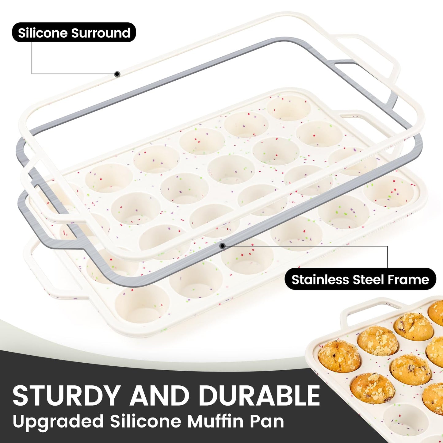 Vinino Mini Muffin Pan with Metal Reinforced Frame-2Pack, Silicone Cupcake Pan for Baking 24 Cup Mini Size, BPA Free Silicone Muffin Tray, Cupcake Baking Pan Molds for Oven Dishwasher Safe - Cream