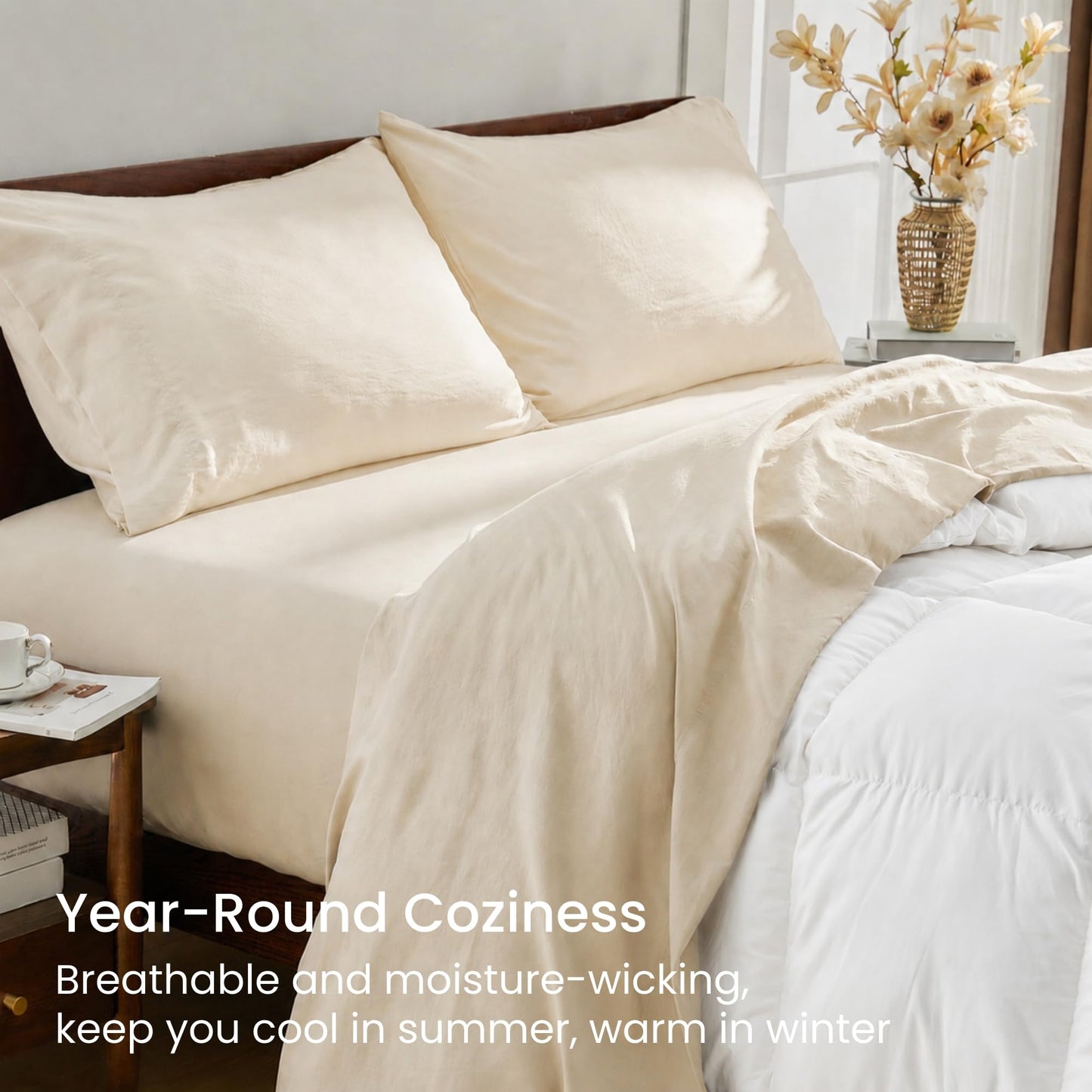 GOKOTTA 5 Pcs Split King Sheets Set for Adjustable Bed with Elastic Corner Straps, 16" Deep Pocket Sleep Number Sheets - Brushed Microfiber Polyester - Soft, Breathable, Wrinkle-Free - Beige