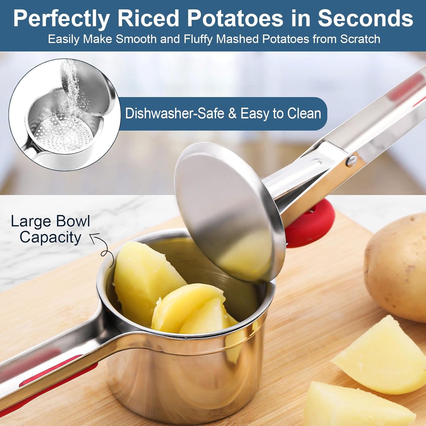 Skiennix 15 Oz Stainless Steel Potato Ricer - Heavy Duty Masher with Silicone Grip for Smooth Purees
