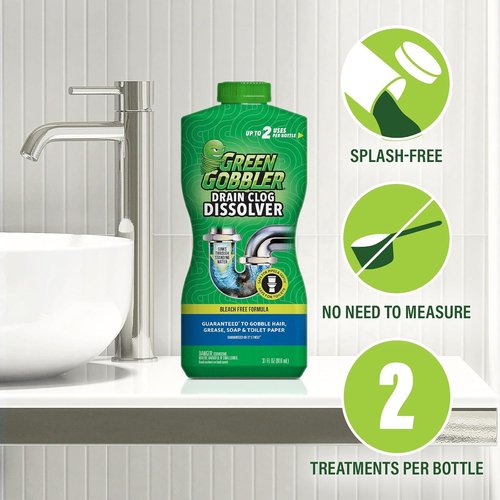 Green Gobbler Drain Clog Dissolver - Powerful Liquid Opener & Toilet Clog Remover | Safe for Pipes | 2 Pack