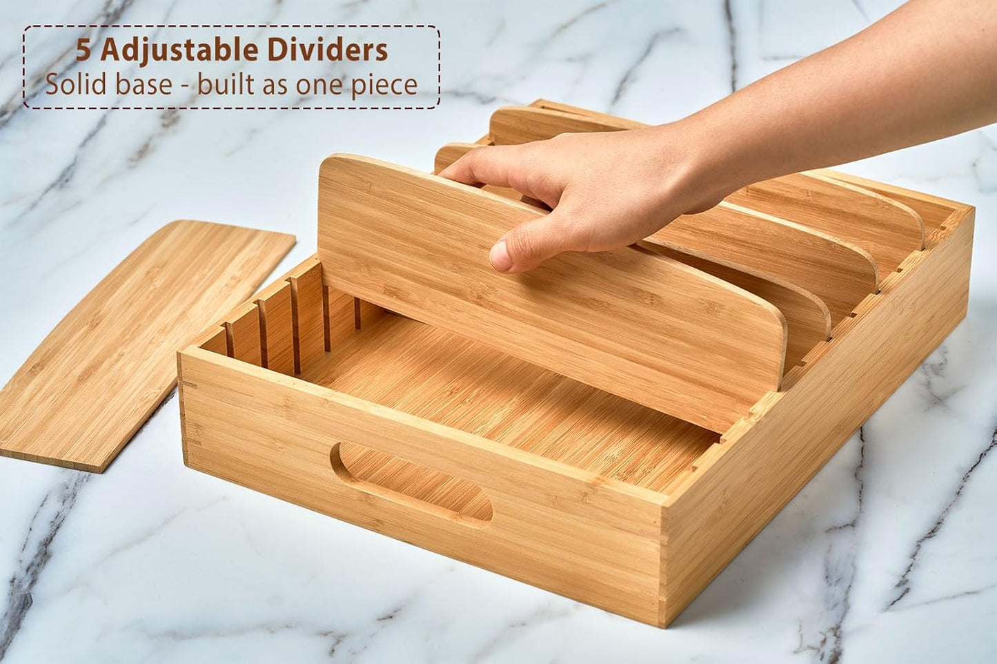 Umilife Kitchen Cabinet Organizer - Adjustable Bamboo Drawer Caddy for Food Storage Container Lids