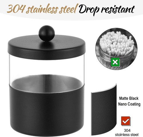 Gaussra Black Apothecary Jars | Stylish Stainless Steel Qtip Holder - Farmhouse Decor (2-Pack)