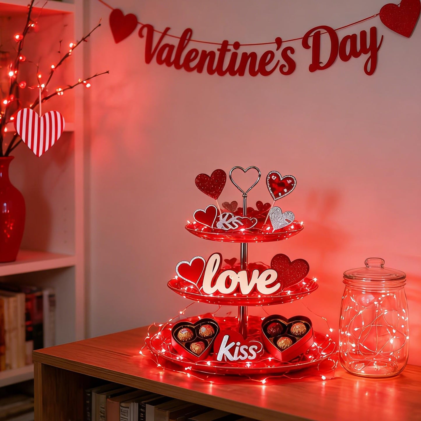LAMPHOME 6 Pack Red Valentine's Fairy Lights Battery Operated (Included), 7 ft 20 LED Mini String Lights, Waterproof Silver Wire Firefly Starry Light for DIY Wedding Party Mason Jars Decor
