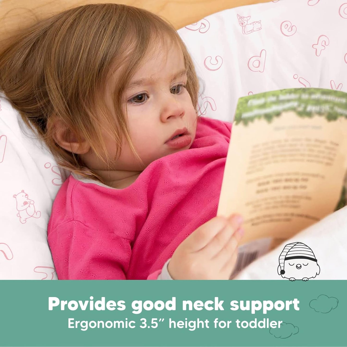 My Little Dreamy Toddler Pillow - Organic Cotton Travel Bed Pillow with Soft Pillowcase | 13x18, Machine Washable, Ages 2-5 (ABC Land Rose)