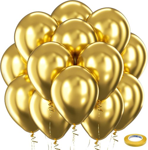 Bezente Gold Metallic Chrome Latex Balloons - 100 Pack 12-Inch Round Helium Balloons for Weddings & Parties