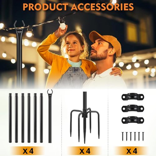 Feed Garden String Light Poles - 9.8FT Metal Stands for Outdoor Decor | 4 Pack for Deck, Patio & Events